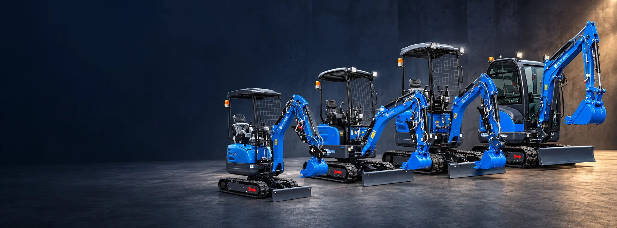 Four RIPPA mini excavators lined up from smallest to largest