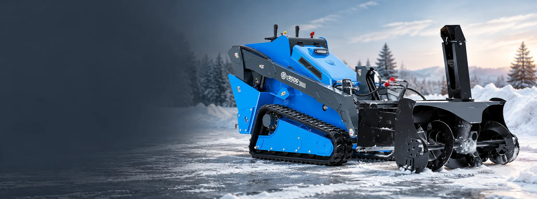 RIPPA RS06 tracked loader with a snow blower attachment clearing a lot